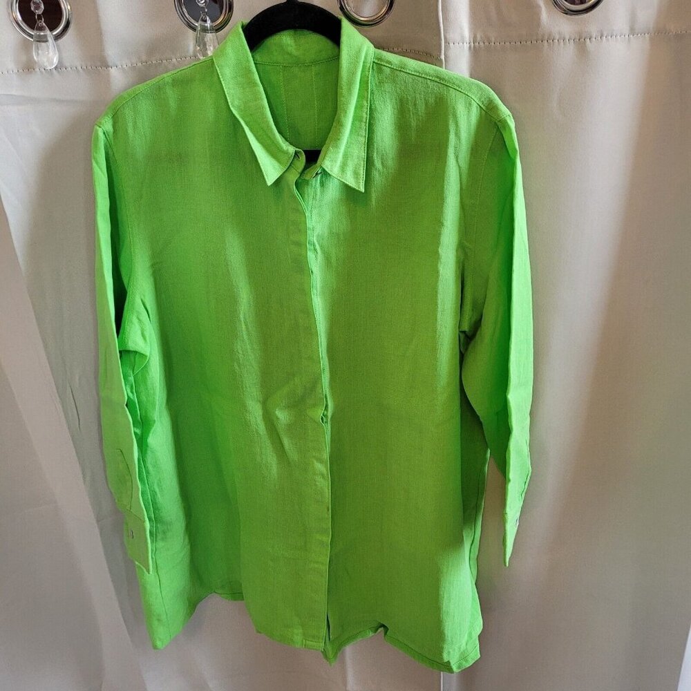 FRidaze Womens Tunic Top Size XL Green 100% Linen Button Up Lagenlook Boho 16350